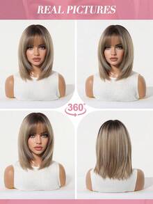12 Inch Deep Root Light Brown Straight Bob Wig, Lightweight Soft Synthetic Fiber, Full Face Framing Bangs, Comfortable Adjustable Wig Cap, Suitable For Daily Commute, Vintage Photoshoot, Holiday Cosplay, Costume Party, Women's Fashion Synthetic Wig - Brown Ombre - View 8