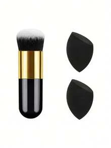 1pc Large Fluffy Foundation Powder Brush + 2pcs Black Makeup Sponge Set, Soft Dense Bristles, Multi-Functional Face Makeup Tool Kit, Suitable For Blush, Concealer - Multicolor - View 12