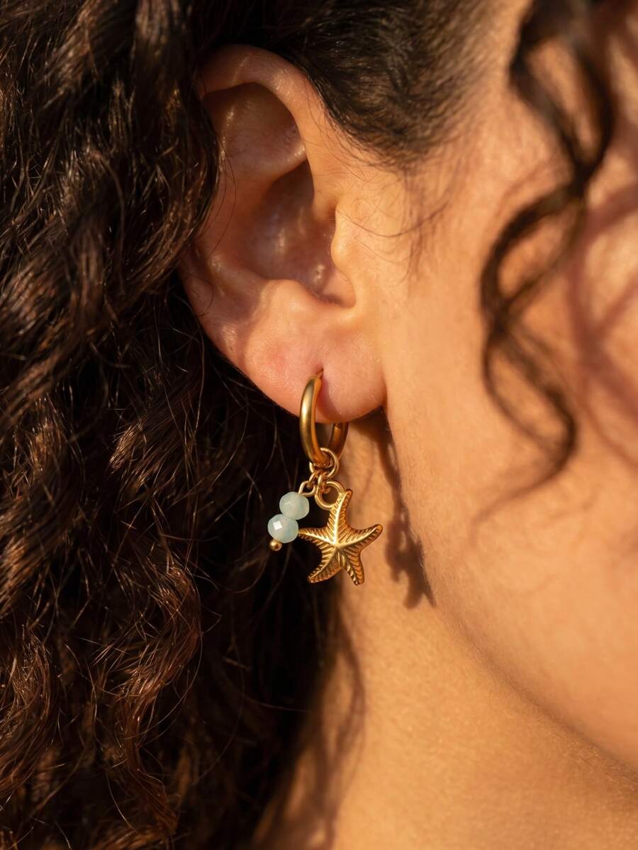 1 Paar 304 Edelstahl 18K vergoldete Anhänger-Ohrringe mit Ozeanmuschel- und Seestern-Charms, Sommer-Strandstil, wasserfest und farbbeständig - Ohrringe - Übersicht 1
