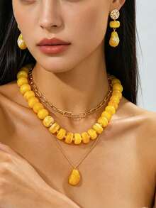 3 piezas/1 set Conjunto de joyas de collar y pendientes de estilo bohemio con capas de cuentas de acrílico, adecuado para uso diario, viajes y vacaciones - Amarillo - Ver 1