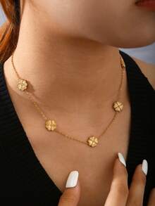 1pc/Set Elegant Minimalist Versatile 18K Gold Plated Stainless Steel Clover Necklace, Bracelet, Earrings & Ring Jewelry Set, Suitable For Women Everyday & Party Wear - Multicolor - View 10