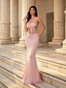 Robe de demoiselle d'honneur longue sirène drapée en satin rose élégant avec sequins, col drapé, convient pour les mariages, les fêtes, les dîners formels, les vacances et les bals de vacances - Rose bonbon - Voir 6
