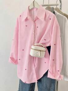 Women's Striped Color Block Shirt With Button Front, Casual Wear Pink - Pink - View 3