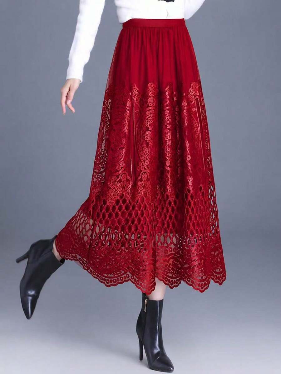 Long, Flared Boho-Style Skirt For Women With Delicate Cutout And Embroidery Details. - Red - View 1