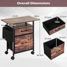 COSTWAY 2-Drawer Mobile File Cabinet, Rolling Printer Stand With Extended Tabletop, Open Storage Shelf, Side Bag, Under Desk Vertical Filing Cabinet On Wheels, Storage Organizer For Home Office, Rustic Brown - Brown - View 4