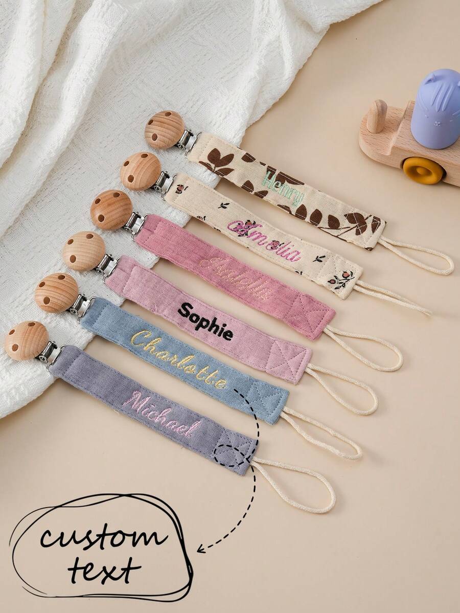 1件個性化客製化刺繡姓名嬰兒奶嘴鏈，圓形木製夾子安撫奶嘴掛繩，嬰兒新生兒日常必需配件 - 彩色 - 查看 1