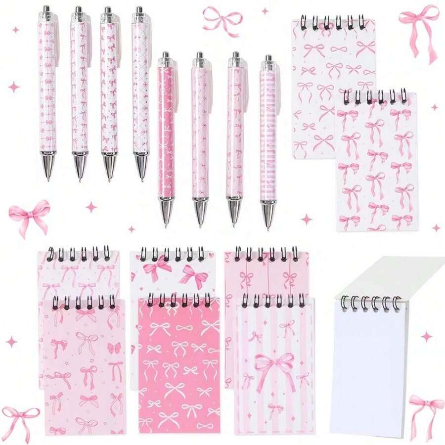 8 Sets Pink Bow Spiral Notebook And Pen Set, Tear-Off Notebook, Memo Pad, Portable Pocket Mini Notebook, Stationery Notebook, Student Prize, Party Gift, Notebook Gift Pack School Supplies - Bow Series - View 1