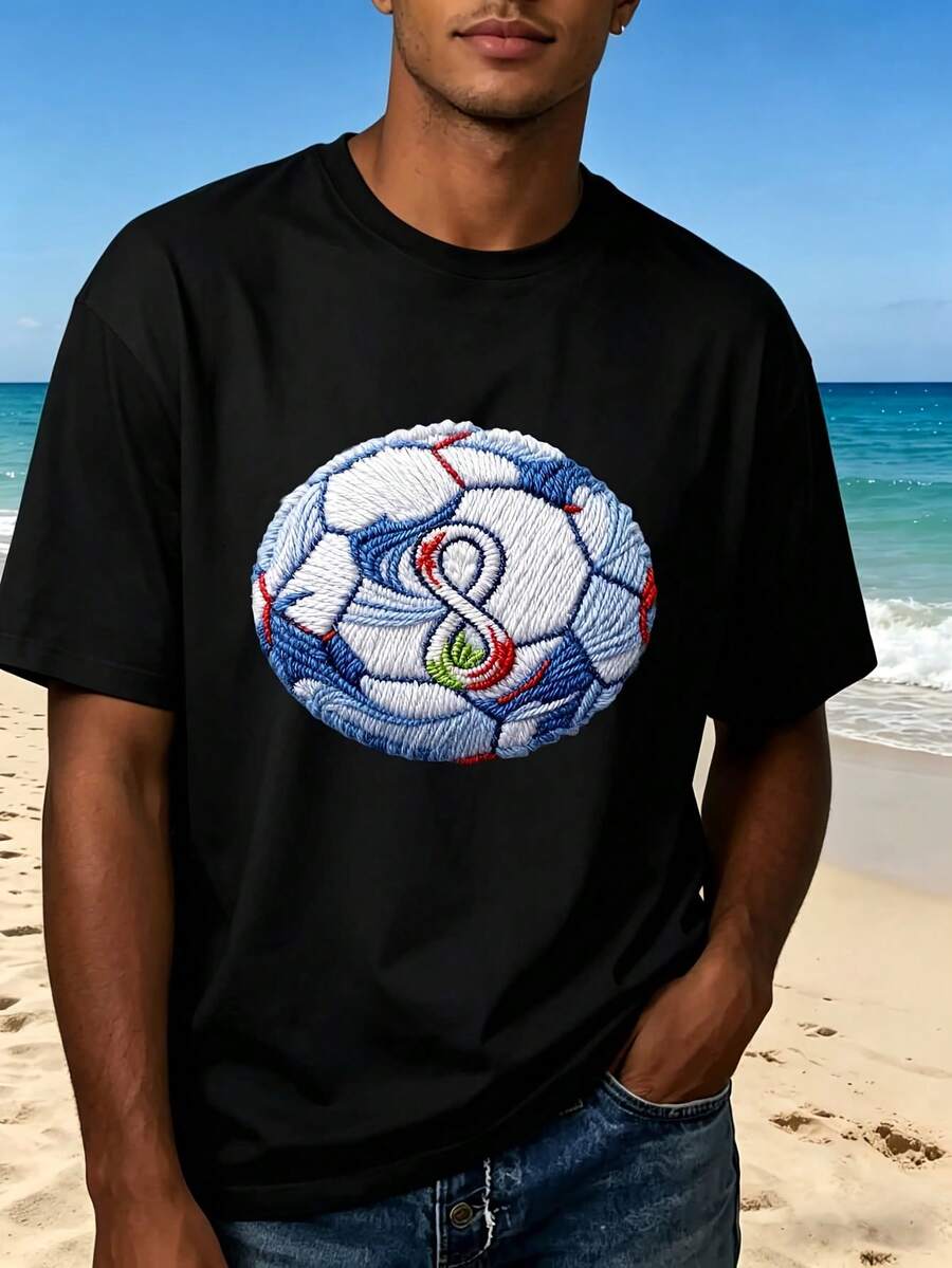 Soccer Ball Design Black T Shirt With Creative Embroidery Fashion Sporty Look Perfect For Beach Outdoors Casual Wear Great Gift For Football Fans - Negro - Ver 1