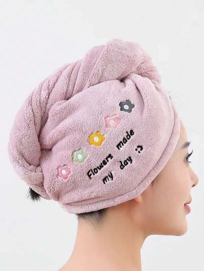 1/2pcs Purple Dry Hair Towel, Polyester Material, Headwrap, Embroidered Flower, Letter Pattern, Absorbent, Soft, Comfortable, Designed For Women With Frizzy Hair, Suitable For Makeup, Cleansing, After Bath, All Season Use, Home Bathroom Decor, Applicable For Beauty Salon, Hotel, Sports Venue, Travel, School, Back To School, Holiday Gift, Essential Home Towel