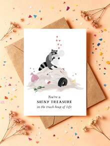 1pc "Shiny Treasure" Funny Raccoon Birthday Card With Envelope – Cute Trash Panda Trash Heap Cartoon Design – Heartfelt Encouragement Greeting For Friends & Loved Ones – Blank Inside - A - View 2