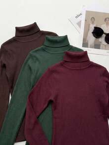 ACME MADE IN CHINA 3-Piece Set Of Basic Long-Sleeved Turtleneck Sweaters For Women's Winter Wear. - Kit 3 Verde/Vinho/Cafe - View 5