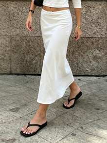 French Romantic Lace Trim Bow High Waist Skirt, White Flowy A-Line Mid-Length Skirt, Flattering Fit For Commute And Dates - White - View 2