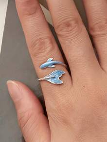 1pc Fashionable Minimalist Women's Blue Dreamy Dolphin Design Open Ring, Suitable For Daily Commute, Music Festival, Party, Banquet, Gift - Dolphin Ring - View 5