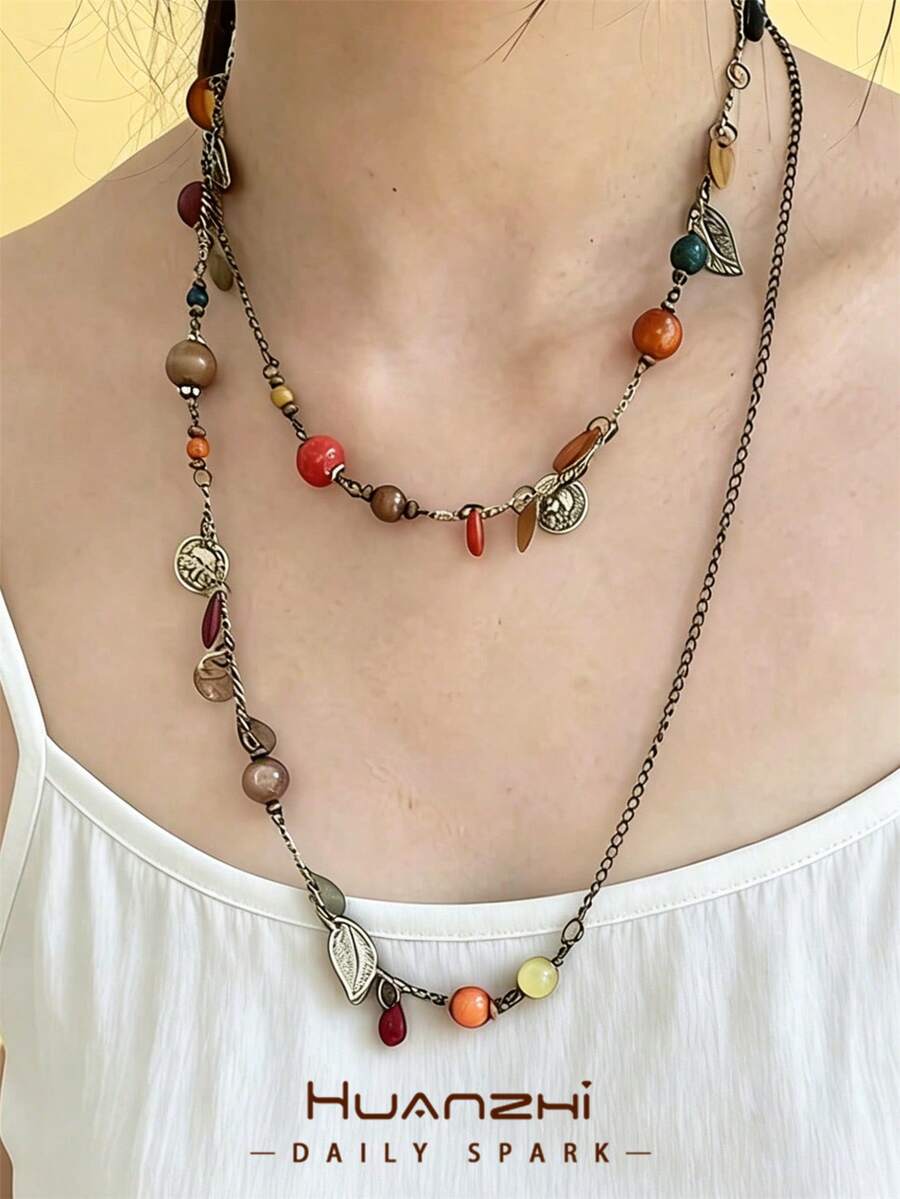 1pc Bohemian Flower & Leaf Beaded Long Necklace, Vintage Style Suitable For Daily Wear & Vacation (Beads Randomly Assorted) - Multicolor - View 1