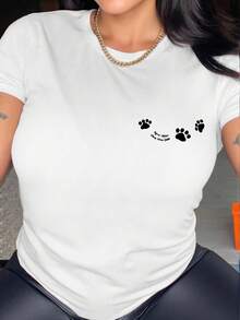 Colección de Primavera y Verano con una Camiseta de Manga Corta y Cuello Redondo Decorada con un Adorable Diseño de Huella de Pata en la Espalda, Perfecta para un Uso Casual y Versátil. - Blanco - Ver 2