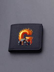 1pc Back To School Mini Cute Cartoon Personalized Fun 26 Excavator Construction Vehicle Flame Letter Print Bifold Wallet, Multiple Card Slots Inside, Can Hold Bank Cards, ID Cards, Cash, Meets Daily Travel Storage Needs. Suitable As Fan Gift, Birthday Small Gift. - Black - View 9