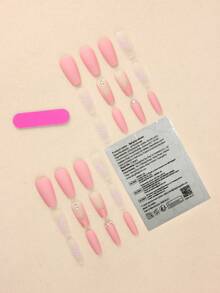 24pcs Square/Heart Printed Rhinestone Decorated French Pink Full Coverage Nail Stickers, With Jelly Glue And Nail File, Suitable For Party And Daily Use, Reusable, Can Enhance Your Elegant - Multicolor - View 5