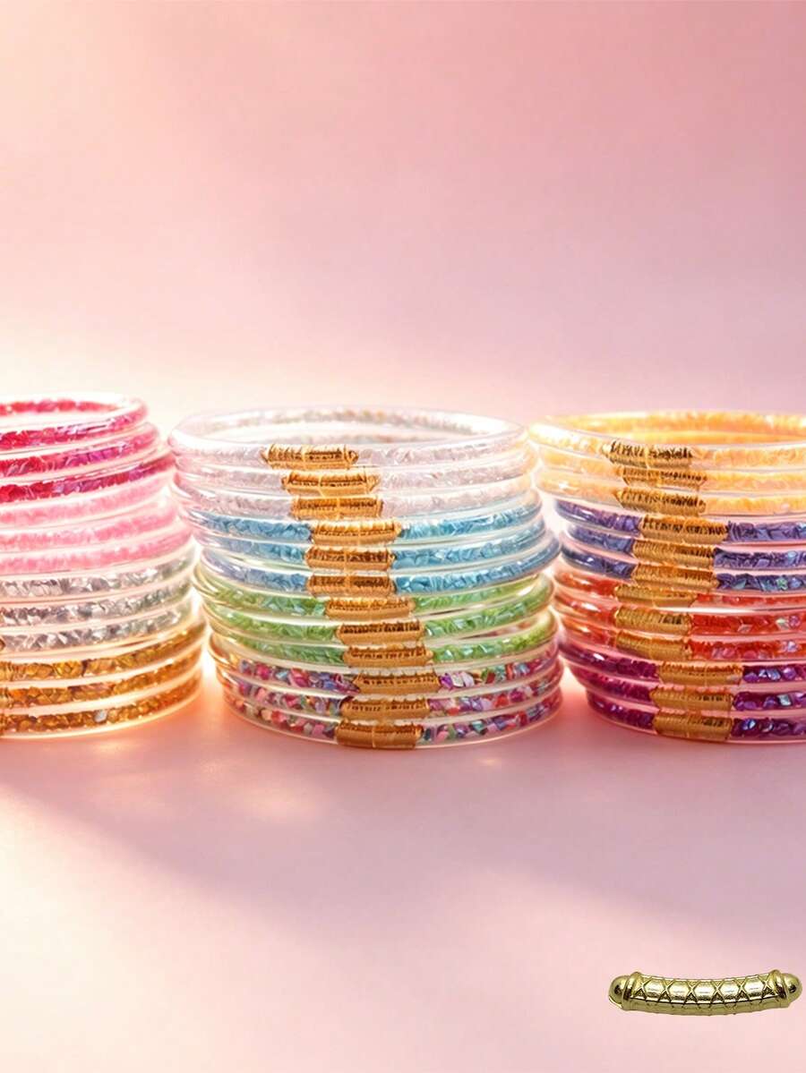 3pcs Set Fashion PVC Ultra-Light Ultra-Clear Transparent Plastic Tube Multi-Layer Stackable Rhombus Sequin Bracelets, Suitable For Women's New Year Party Wear, Best Friend Gift - 3 Pieces/set, Diamond Shape - View 1