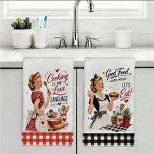 MEMNUN 2 Pcs Black Plaid American Retro 50s Housewife Cooking Slogan Printed Pattern Kitchen Towels, Dish Towels, Hand Towels, Dish Cloths, Home Decor, Kitchen Decor, Cooking Baking Hand Towels, Kitchen Accessories, Machine Washable, Cleaning Supplies, Suitable For Restaurant Kitchen, Home Decor And Gifts, All Season Use, 40*60cm/45*70cm, Super Soft Microfiber - Multicolor - View 10