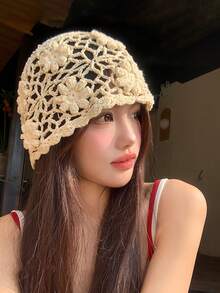 1 pieza Gorro de estilo vintage para mujer, hueco, transpirable, hecho a mano con patrón floral de ganchillo, versátil, que estiliza el rostro, para viajes y uso diario - flores - Ver 1