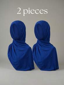 2pcs Women's Rhinestone Embellished Solid Color Jersey Soft Headscarf Arabic Casual Long Scarf Conservative Solid Color Headwrap Suitable For Daily Use - Blue 2-pack - View 4