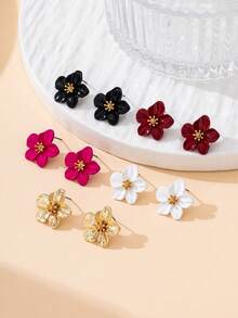 5 Pairs Delicate Small Dopamine Color Vacation Style Flower Shaped Stud Earrings For Teens, Suitable For Daily Wear/Vacation Travel/Birthday Gift For Friends - Multicolor - View 8
