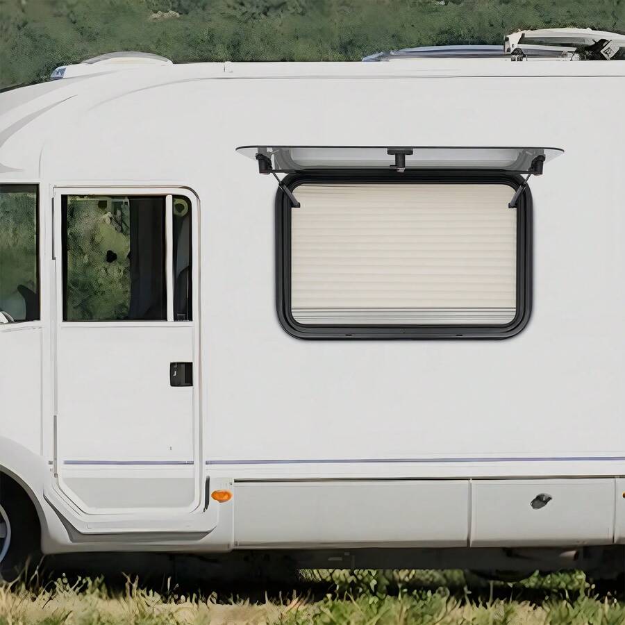 Finestra a spinta per camper con angoli arrotondati, dimensioni 700x450 mm, con zanzariera integrata e parasole plissettato, finestra di ricambio con montaggio a sandwich, bloccabile e orientabile in diverse angolazioni, per camper, roulotte e veicoli ricreazionali. - 700x450mm - Visualizzare 1