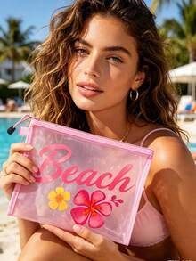 This Beach Mesh Bag Printed With "Beach" Is A Portable Makeup Bag That Can Store Lipsticks And Cushion Powder Puffs, Full Of Coastal Charm And Summer Vibes. Transparent Large Capacity Travel Cosmetic Storage Bag, Hawaiian Style Mesh Makeup Bag, Ideal For Beach Vacation, Shopping, Leisure Travel, Fitness, Mother's Day Gift, Valentine's Day Gift, Teacher's Day Gift, Women's Travel, Short Trip And Daily Travel. - Multicolor - View 8