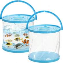 1個可折疊小型水族箱，塑膠便攜式魚缸附蓋，透明魚類運輸容器/釣魚桶，適合釋放捕獲的魚、海灘旅行、湖畔郊遊、戶外活動，藍色 - 彩色 - 查看 2