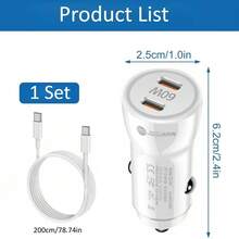60W Dual Port USB C Car Charger For IPhone 17 16 15, With USB C Data Cable, Type C Car Adapter, Compatible With IPhone 17 16 15 Pro/Pro Max, Android/Tablet/Series - White - Car Charger - View 8