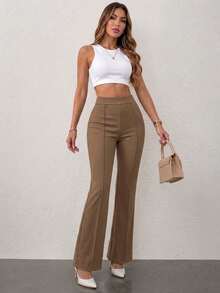 Pantalón Wide  Elegante Con Pinzas Frontales Y Tiro Alto - Pantalón De Vestir  Para Mujer POLIESTER . Pantalón Sastre De Cintura Alta Que Estiliza La Figura.. - Marrón Mocha - Ver 3
