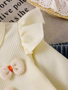Baby Girl Bohemian Style 2-Piece Set: Sweet 3D Bow Waffle Knit Ruffle Trim Long Sleeve Top + Bow Patch Denim Straight Leg Pants Spring/Autumn Outfit - Apricot - View 5