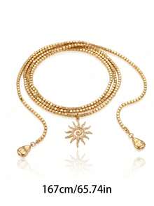 1 pièce Collier long pour femme, matériau en métal doré, collier à couches mode, pendentif tournesol avec perles géométriques, cadeau de vacances - Doré - Voir 5