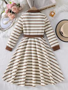 Left Mama Elegant & Graceful Long Sleeve Striped Dress With Collar For Girls, Spring/Autumn - Khaki - View 3