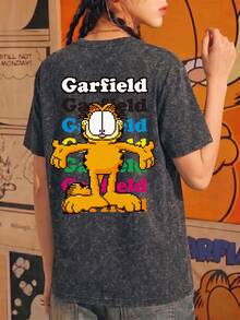 SHEIN | Garfield Women's Washed Grey Double Sided Tee, Retro Pixel Cartoon Cat Multi Color Stack Letter Print Loose Short Sleeve For Street Daily Travel Girl Outfit - Black - View 3