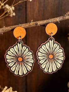 1 Pair Bohemian Light Orange Wooden Round Disc With Vintage Line Daisy Print Long Earrings - Orange - View 7