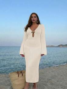 Women's Plus Size Bohemian Style Deep V-Neck Sheer Cover-Up Long Dress, Shell-Shaped Metal Buckle, Flared Sleeves, Summer Vacation Beach - Apricot - View 4