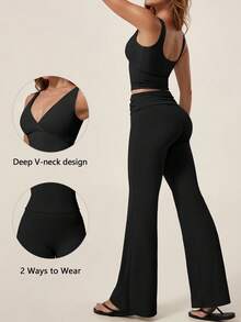 TimeOff 1 Set Women's Solid Color V-Neck Backless Removable Padded Camisole And Flared Leg Pants Sports Suit - Black - View 11
