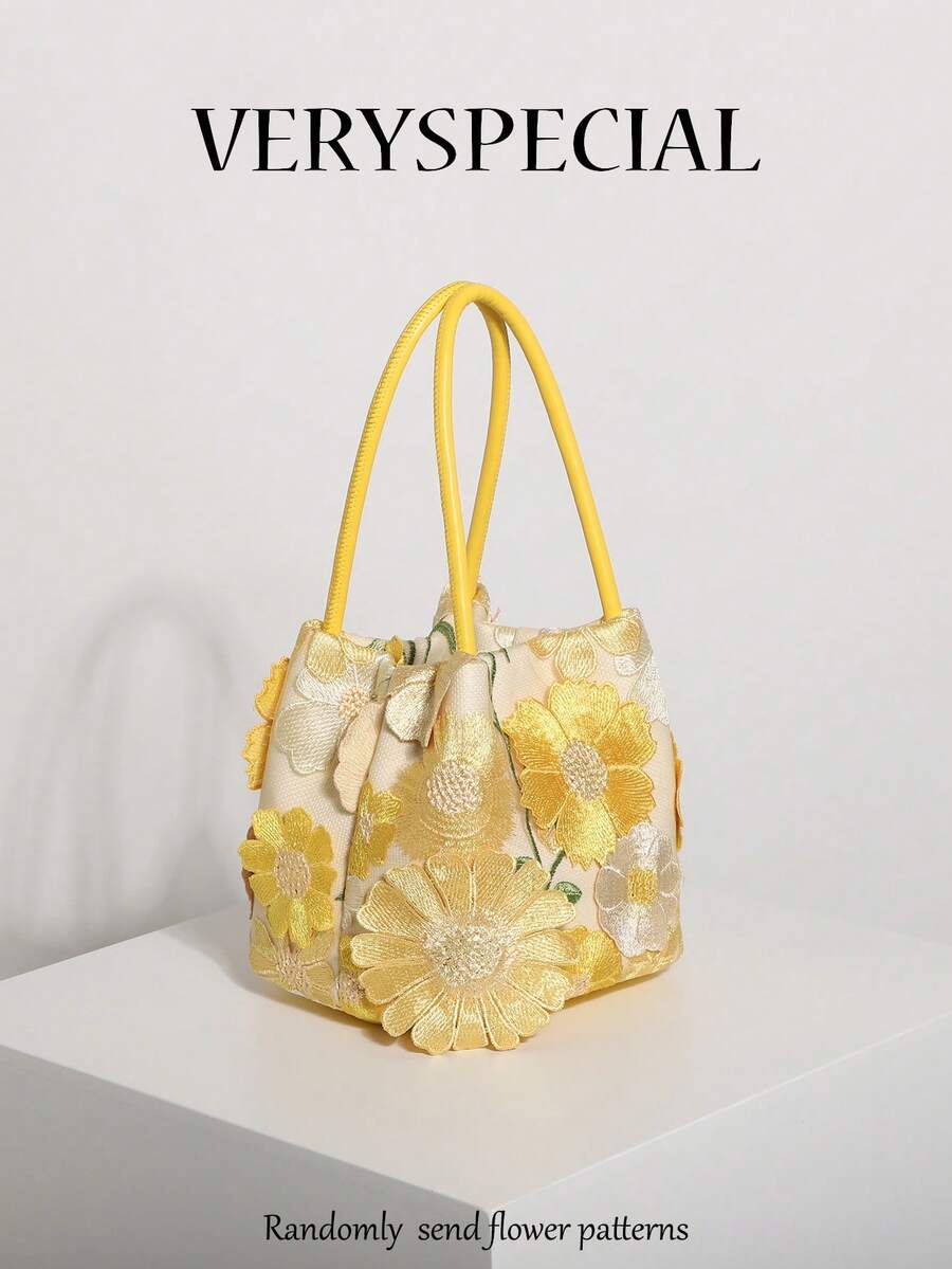 1pc Yellow 3D Applique Mesh Embroidered Floral Pattern Bucket Bag Women's Handbag Premium Versatile Handheld Wing Bag Fashion Personalized Multi-Functional Multi-Shape Bag Romantic Wedding Season Bridal Bag Suitable For Vacation Style Beach Travel Casual Party Vacation Atmosphere Bag (Floral Pattern Randomly Cropped And Distributed)