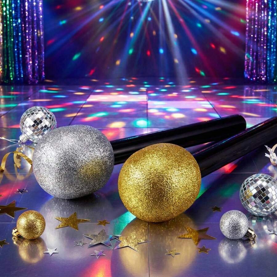 Glamorous Shiny Microphone Prop, Silver And Gold Plastic Singing Microphone, Suitable For Pop Star Role Play, Disco Stage Party, Halloween Costume Gift - Multicolor - View 1