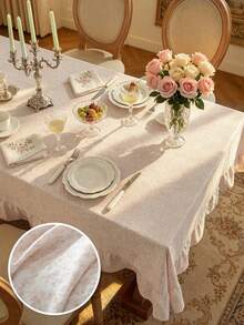 1pc Fresh Green Leaf Edge French Country Tablecloth, Romantic French Style Decorative Fabric, Kitchen / Dining Room / Room / Home / Dining Table / Coffee Table Universal Use, Suitable For Kitchen Home Decor Kitchen Decor Room Decor Dining Table Decor Dining Table Decor Coffee Table Dining Room Tablecloth Square Tablecloth - Pink - View 3