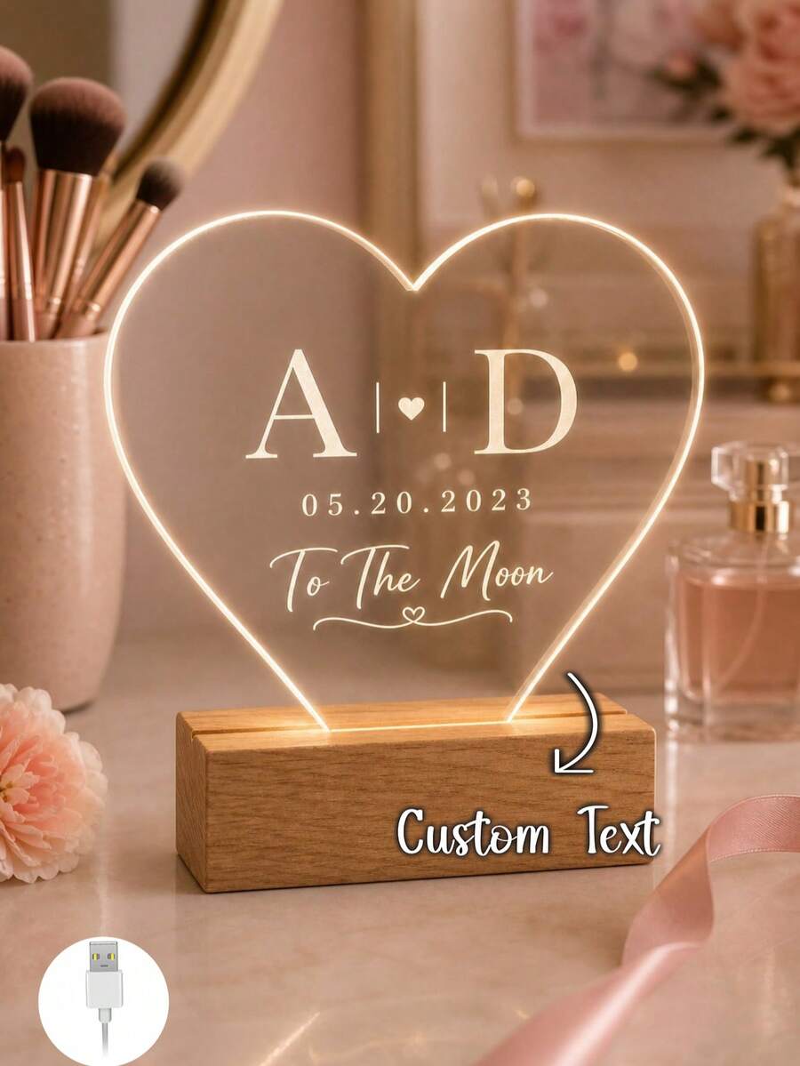 1PC Personalized Heart Shape Acrylic Night Lamp, Custom Initials Date Love Message LED Light With Wooden Base, Warm Glow Vanity Table Decor, Romantic Gift For Her, Wife, Girlfriend, Bride, Anniversary Wedding Bedroom Decor - Multicolor (Style 2) - View 1