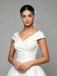 Niche Exquisite Rhinestone Birdcage Veil With Minimalist Satin Ribbon Bow Tie For Ball, Evening Party, Party - Multicolor - View 3