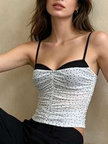 Womens Summer Camisoles Spaghetti Strap Ruched Front Dot Print Contrast Trim Backless Stylish Slim Fit Tank Tops - White - View 4