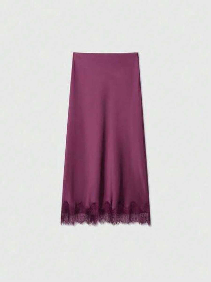 Falda elegante de color marrón sólido con parches de encaje, adecuada para el trayecto de primavera - Burdeos - Ver 1