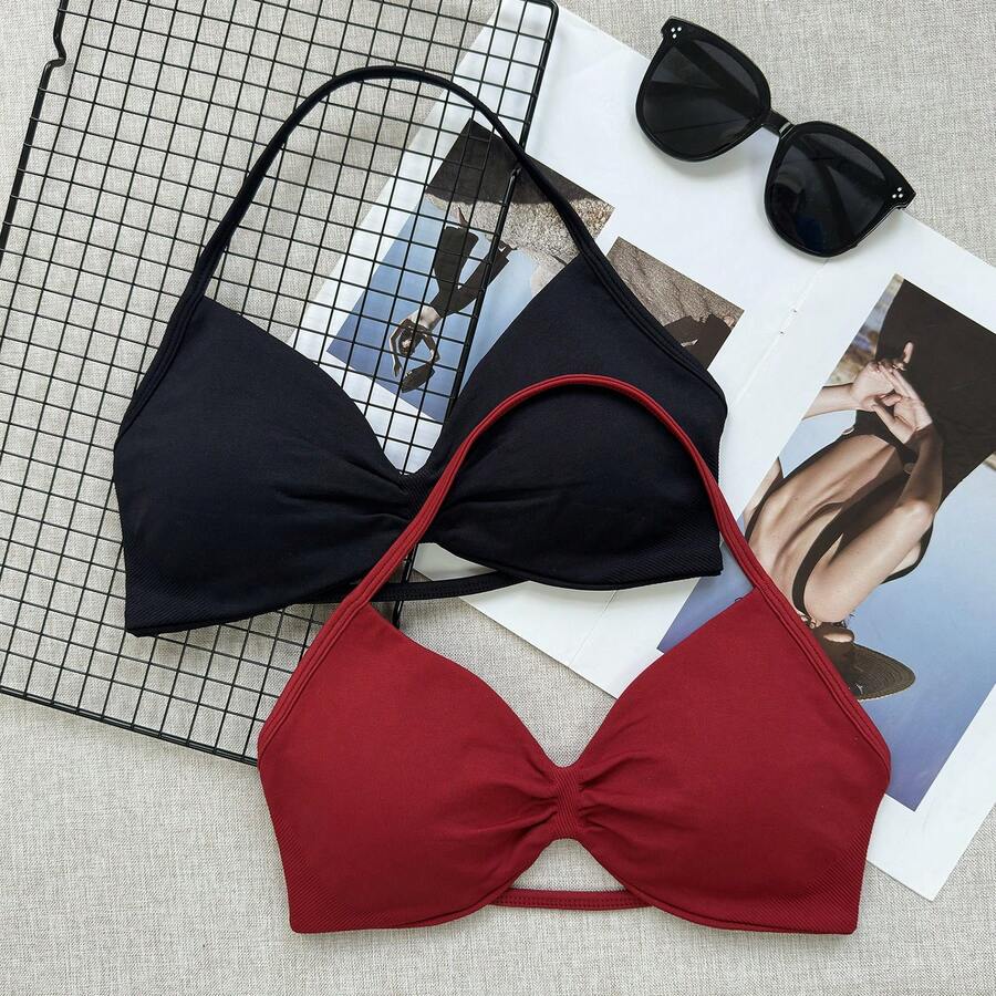 2 piezas Sujetador deportivo popular para mujer con tirantes finos, espalda descubierta y cuello halter, sujetador de yoga fruncido con relleno extraíble para otoño