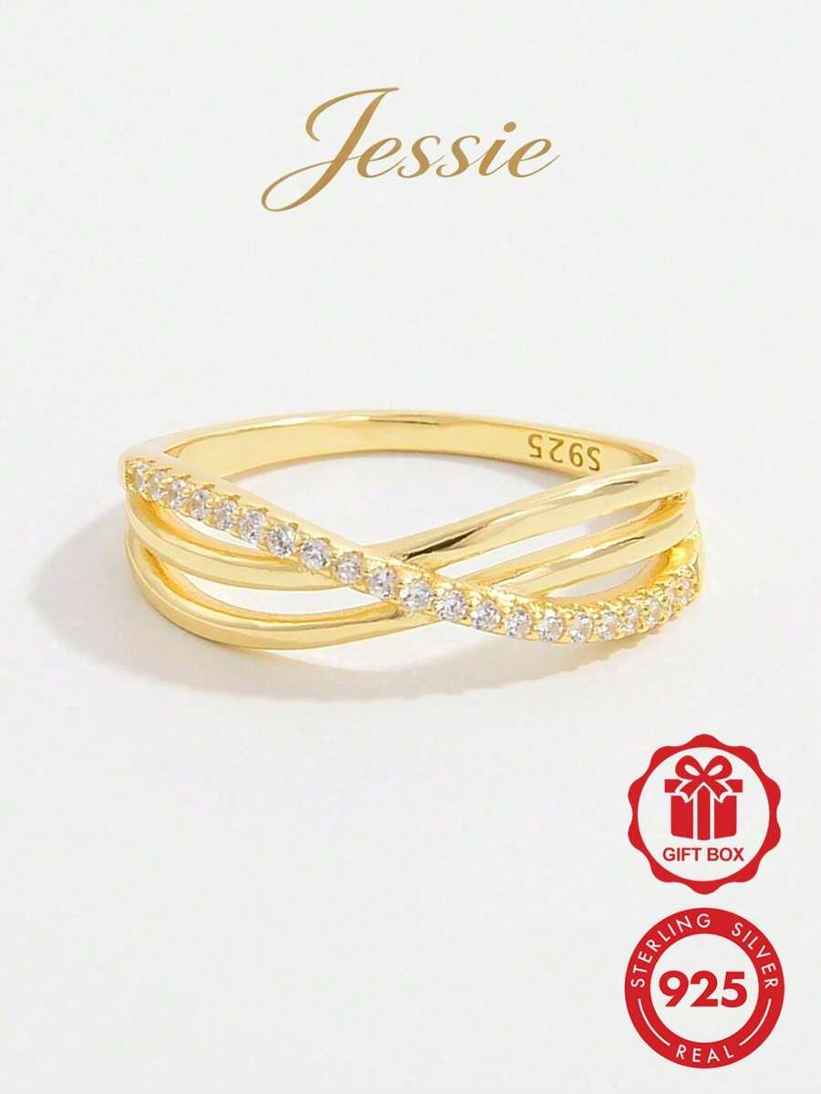 1入組華麗優雅時尚經典925銀人造不對稱十字交叉設計女士戒指，作為約會禮物展示魅力完美選擇 - 金色 - 查看 1