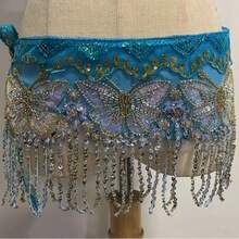 1pc Women's Deep Blue Satin Embroidered Butterfly Waist Chain With Sequins & Beaded Fringe - Belly Dance, Festival, Rave, Coachella, Boho, Beach Party Body Jewelry - Multicolor - View 8