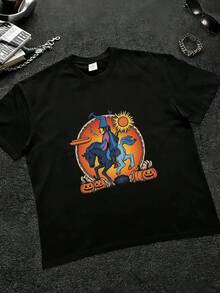 Men's T-Shirt With A Witch And Horses Print On A Full Moon, Festive Mexican Halloween Style, Whimsical Design With Glittery Pumpkins, Ideal For Fall Parties, Day Of The Dead, And More. - 黑色 - 查看 2