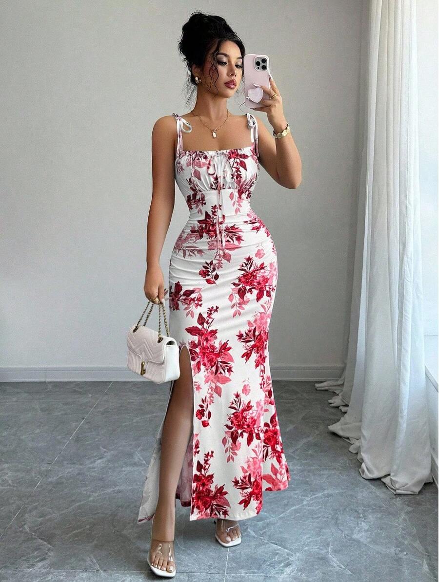 Women's Floral Mermaid Maxi Dress With Thin Straps And Bow, Square Neck, Ruched, Bodycon, For Wedding Guests, Beach Vacations And Date Nights. - 紅色 - 查看 1